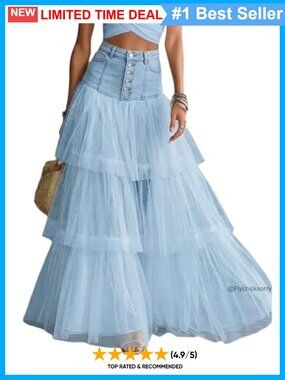 Women Tiered Tulle Mesh Maxi Skirt Layered Long High Rise Full Skirt